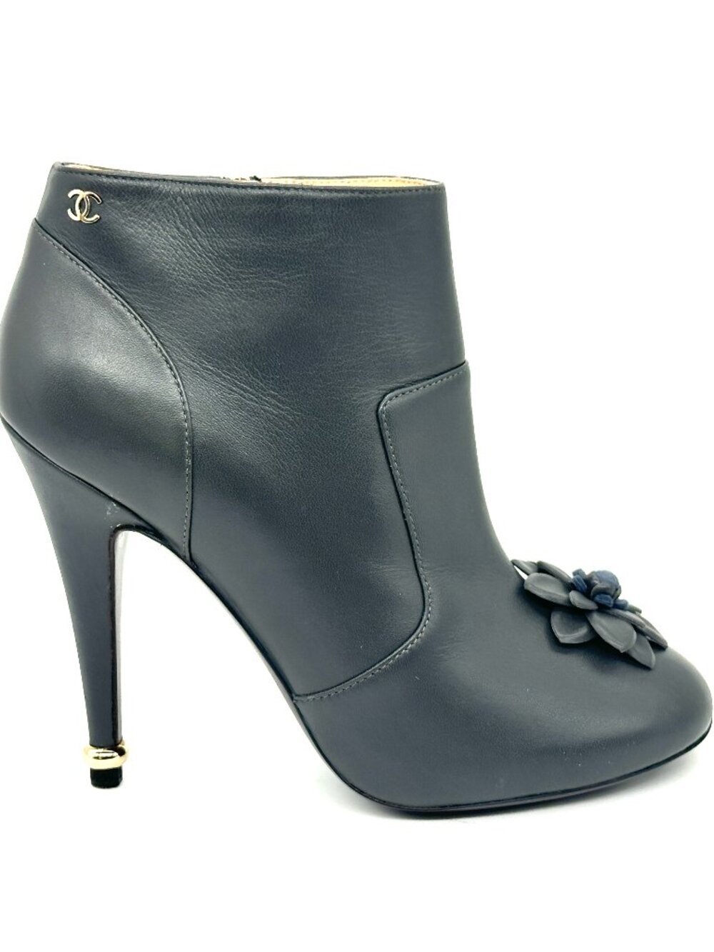 CHANEL 15A Leather Camellia Flower Ankle Booties Boots Heels Shoes